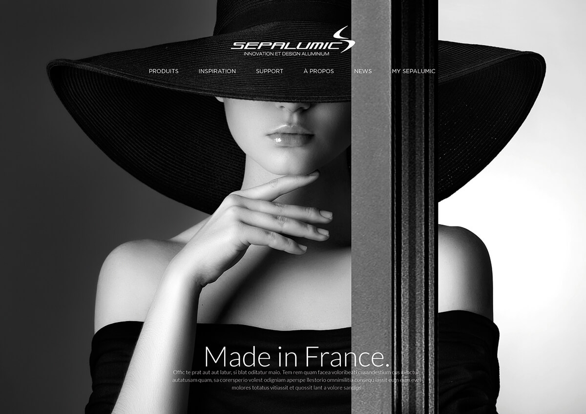 Image en noir et blanc d'une femme vêtue d'un haut décolleté et coiffée d'un chapeau à larges bords qui lui cache partiellement les yeux. Elle se touche le menton d'un air pensif, évoquant l'élégance - parfaite pour les campagnes de communication sophistiquées de B2B. Le texte "Made in France" apparaît en dessous.