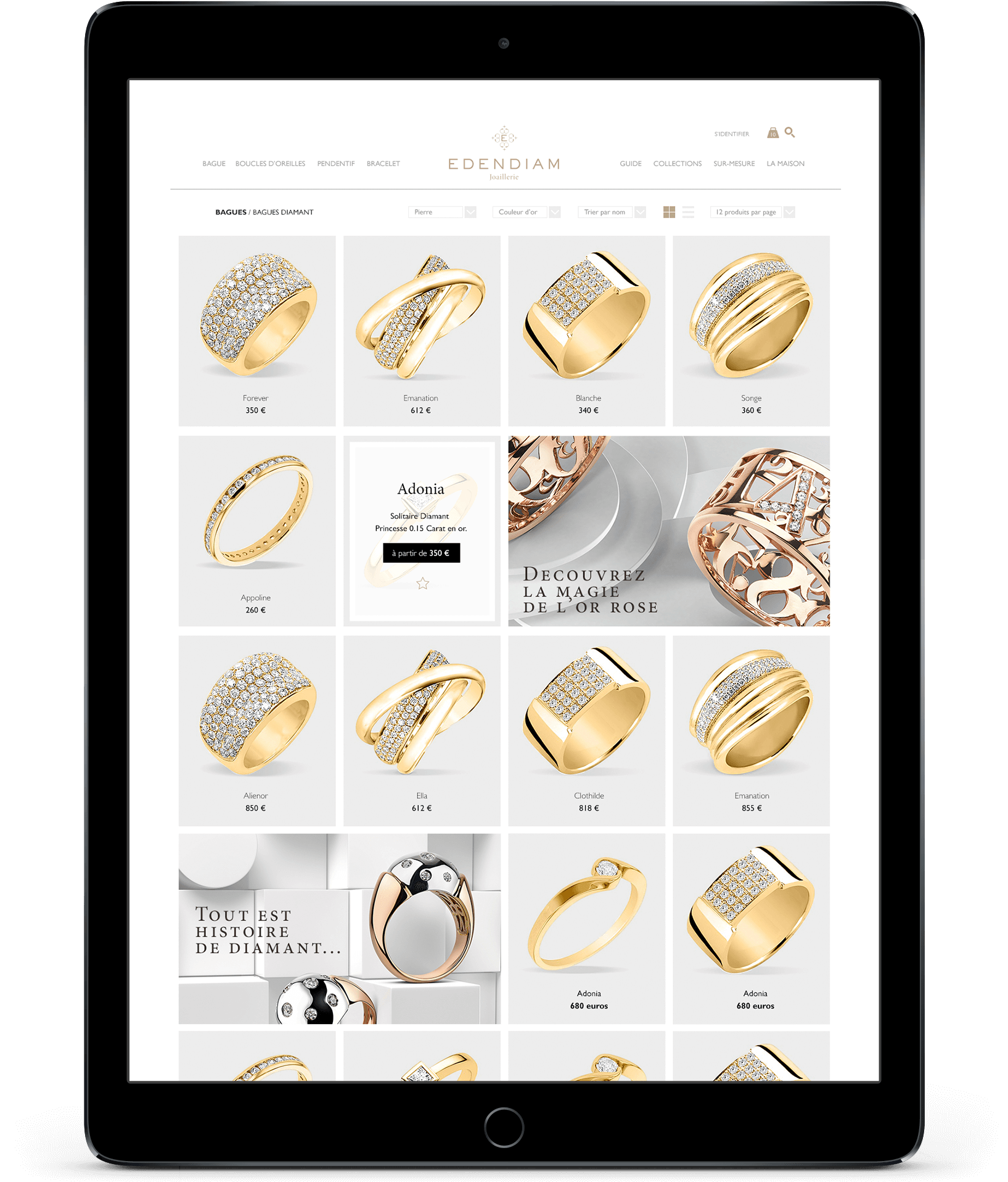 Tablette affichant un site web de bijouterie présentant diverses bagues en or et en diamant dans des tuiles de photos individuelles ; l'en-tête du site indique "EDENDIAM" et comprend des options de navigation, ce qui est parfait pour la création de catalogue en ligne.