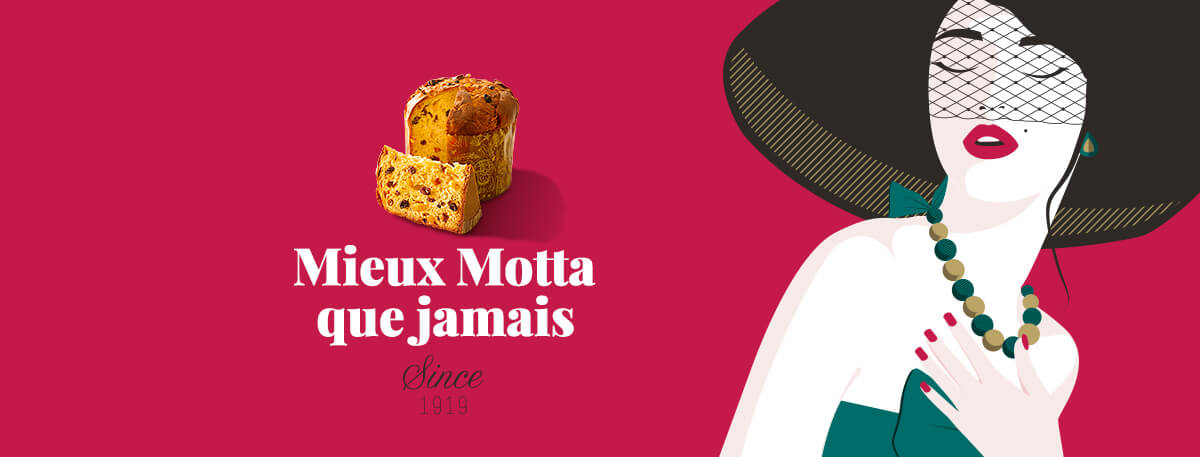 Illustration d'une femme élégante portant un large chapeau, un collier et un voile à côté d'un pain panettone avec le texte français "Mieux Motta que jamais depuis 1919", sur un fond rouge foncé - parfait pour les visuels de la Stratégie de community Management.