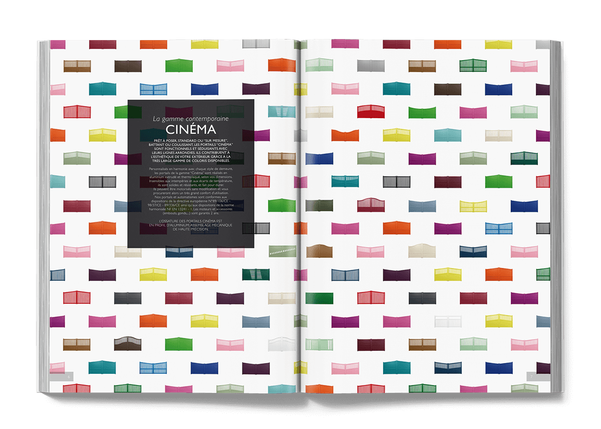 Un magazine ouvert sur un fond blanc, couvert d'une grille de petites formes colorées et abstraites ressemblant à des cadres de fenêtres - un exemple frappant de création de catalogue. Un encadré noir avec un texte en français est centré sur la page de gauche.