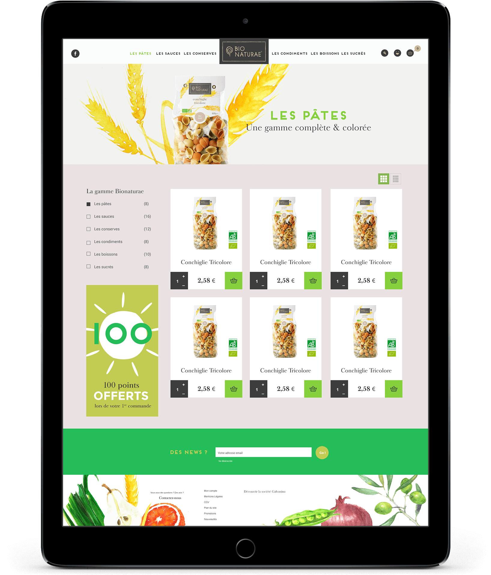 Une tablette affiche un site web de création de catalogue présentant différents paquets de pâtes, avec des images de produits, des prix et une bannière offrant 100 points. Le design utilise des accents verts et jaunes, avec des illustrations de blé et de légumes.