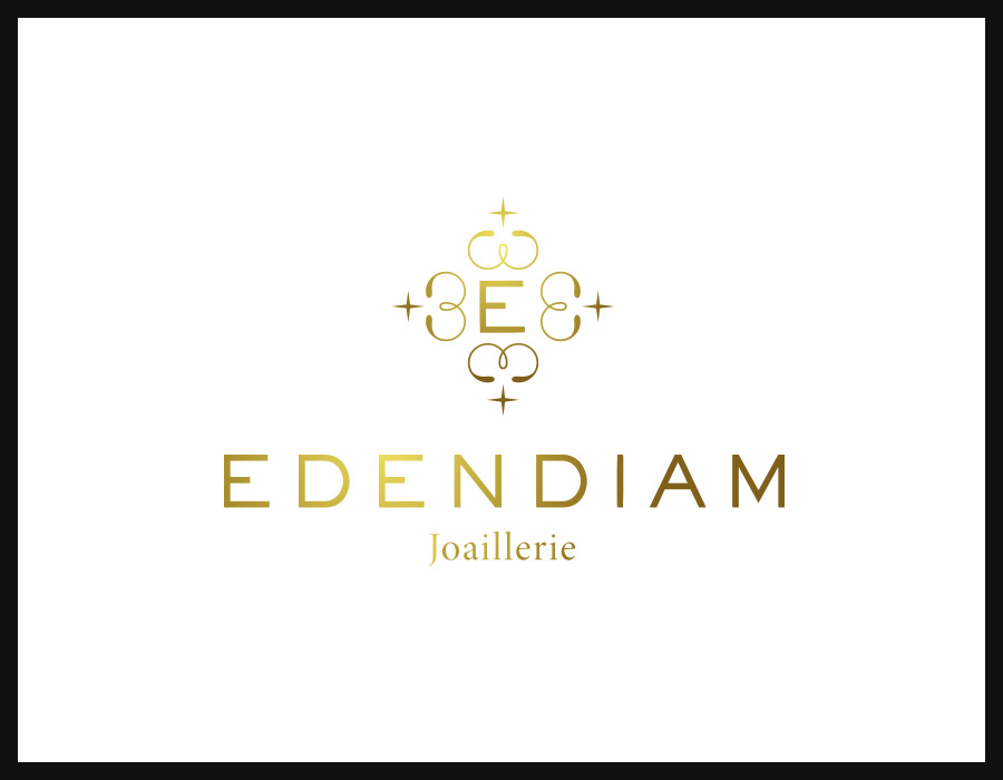 Logo pour "Edendiam Joaillerie" avec un texte en dégradé d'or sur fond blanc. Au-dessus du texte se trouve un emblème décoratif représentant un "E" orné de fioritures symétriques et de petites étoiles, idéal pour la création de catalogues.