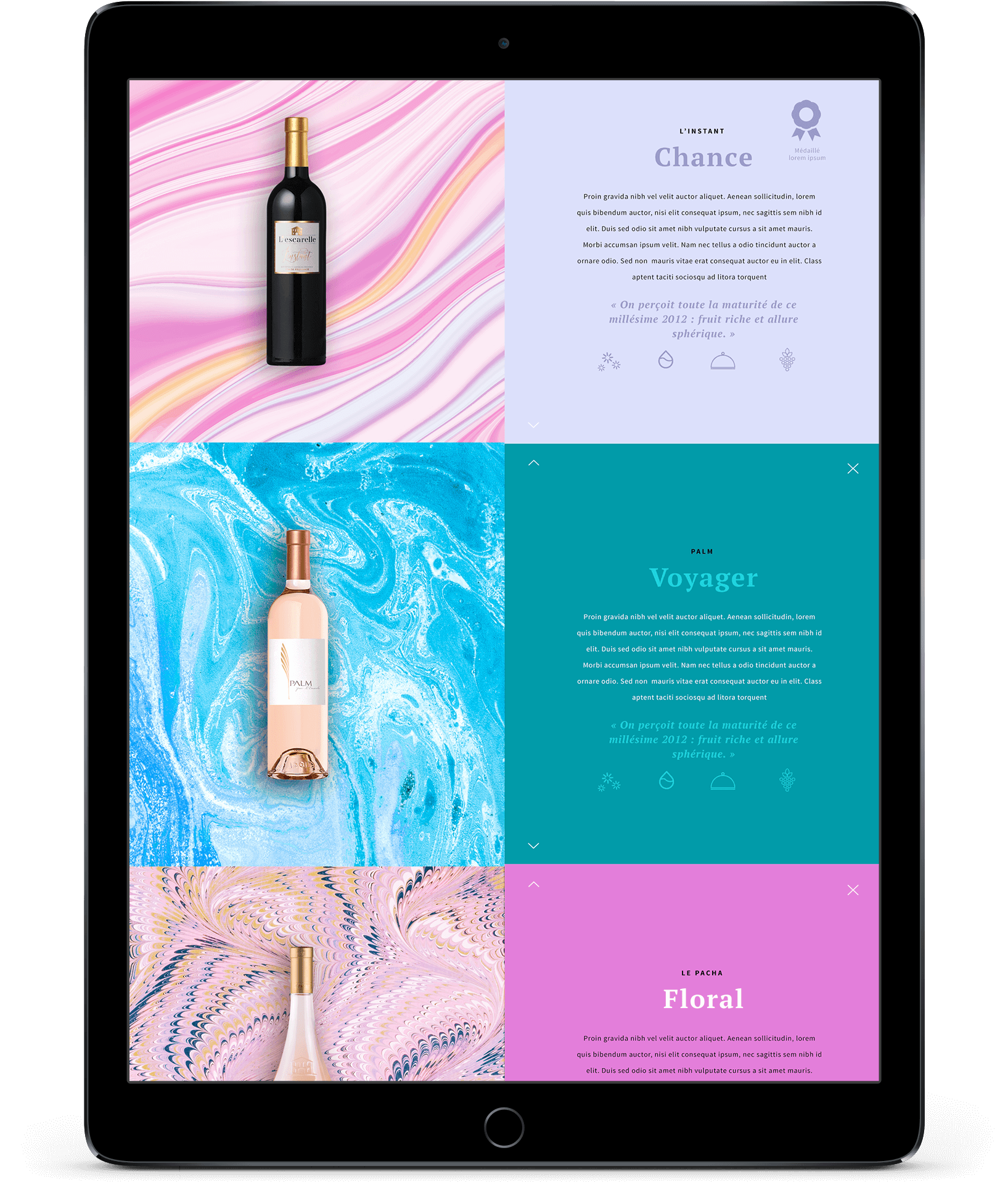 Un iPad affiche le site web d'une agence de marketing numérique à Nice, qui présente trois bouteilles de vin sur des fonds marbrés éclatants : un vin rouge sur fond rose, un rosé sur fond bleu, et un autre vin sur fond rose et jaune avec un texte descriptif.