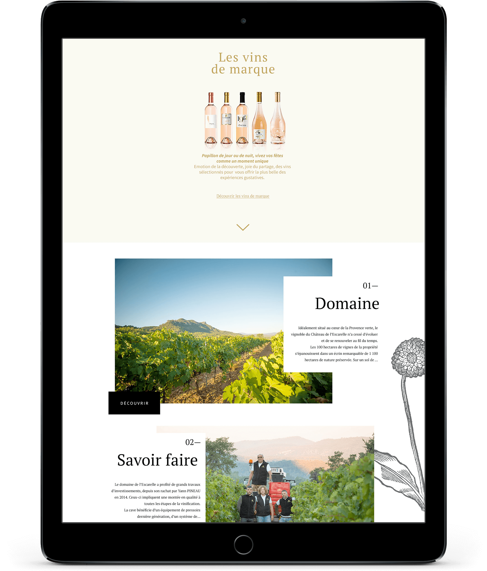 Une tablette affiche un site web sur le vin français conçu par une agence marketing digitale à Nice, avec des bouteilles en haut, des photos de vignobles, un texte descriptif et un groupe de personnes dans un vignoble avec une illustration florale sur le côté droit.
