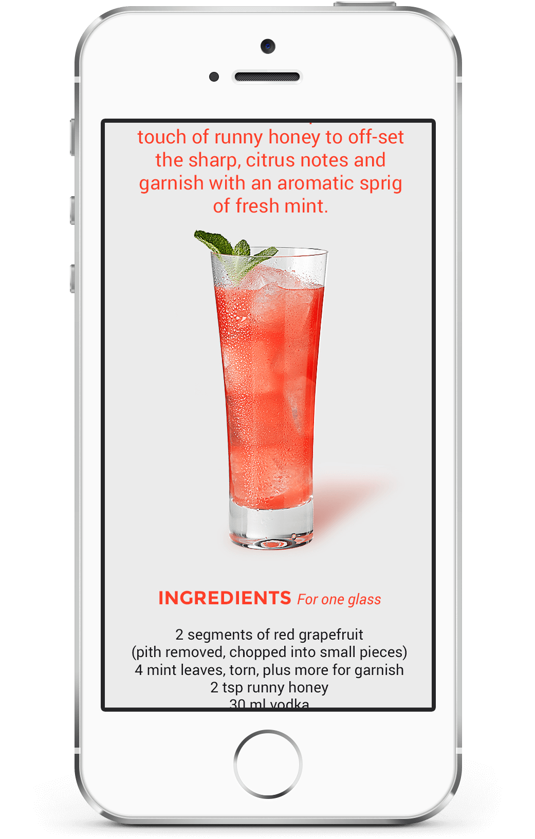 Un smartphone affiche un emballage de recette de cocktail avec une boisson rouge dans un grand verre, garnie de menthe, et une liste d'ingrédients comprenant du pamplemousse, des feuilles de menthe, du miel coulant et de la vodka.