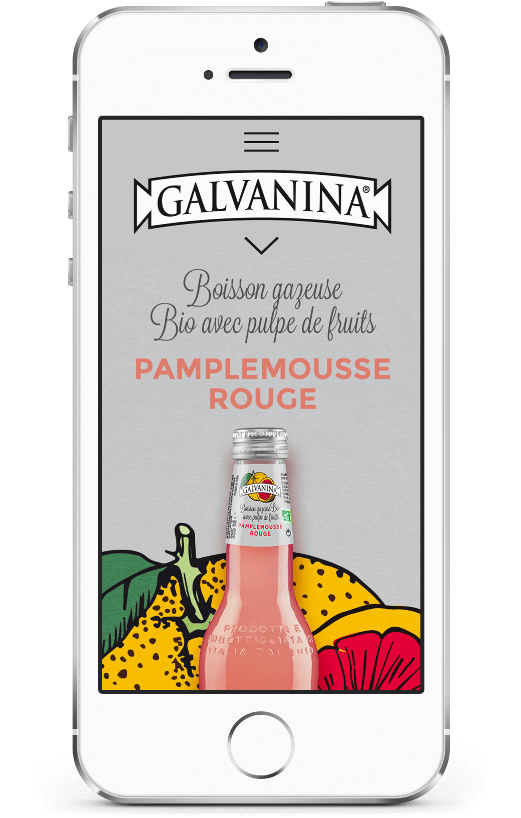 Un smartphone affiche une publicité pour Galvanina Pamplemousse Rouge, dont l'emballage est vibrant. L'image montre un flacon contenant un liquide rose devant des tranches de pamplemousse et de citron illustrées.