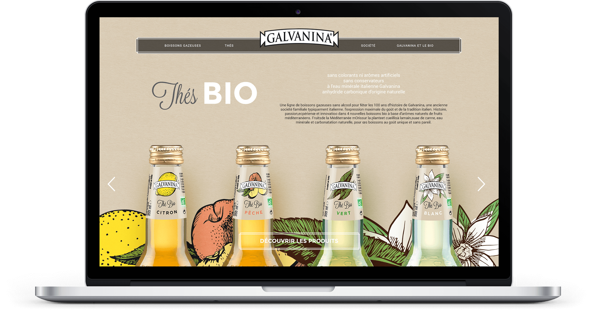 Un ordinateur portable affiche le site web de Galvanina, qui présente cinq bouteilles de thé biologique dans un emballage illustré de fruits. Le texte "Thés BIO" et une description du produit apparaissent au-dessus des bouteilles sur un fond beige.