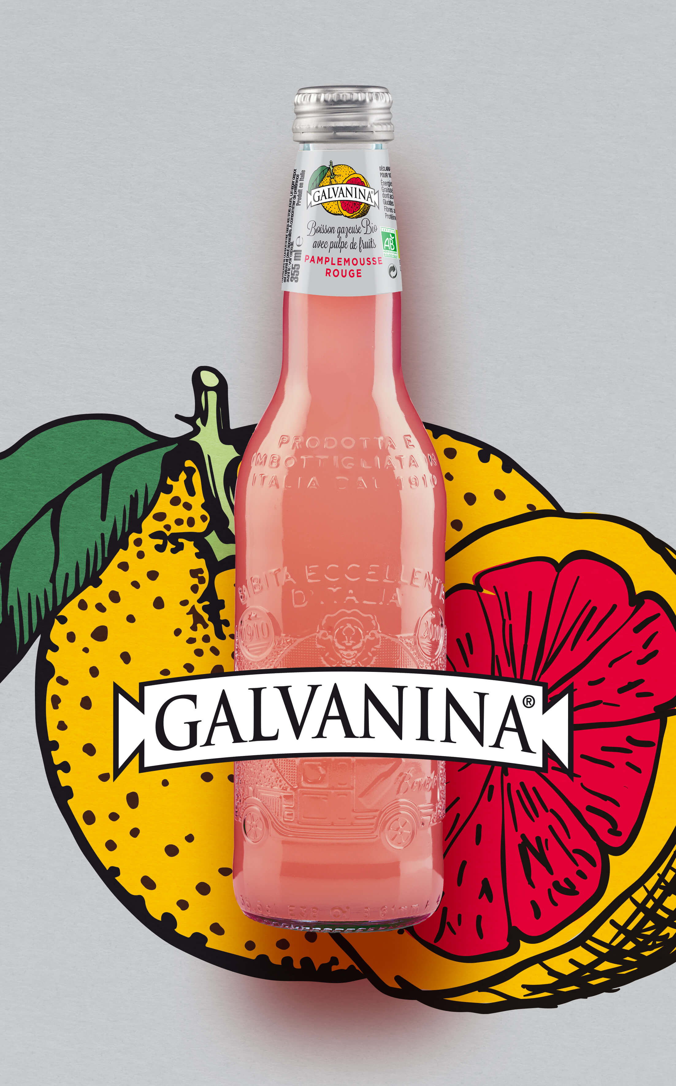 Une bouteille de soda Galvanina Ruby Grapefruit, dont l'emballage est caractéristique, se trouve devant un demi-pamplemousse illustré. Le logo Galvanina apparaît au centre de la bouteille, le soda rose étant assorti à l'illustration du fruit qui se trouve derrière.