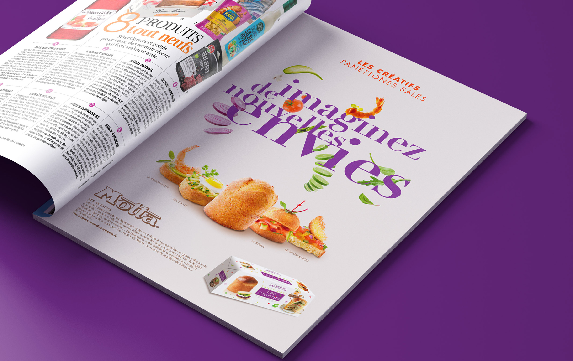 Un magazine s'ouvre sur une publicité alimentaire colorée présentant du pain, des pâtisseries et des garnitures sur un fond violet, avec le texte français "Imaginez de nouvelles envies". Une boîte de produits apparaît dans le coin - une touche d'inspiration pour votre stratégie de community management.