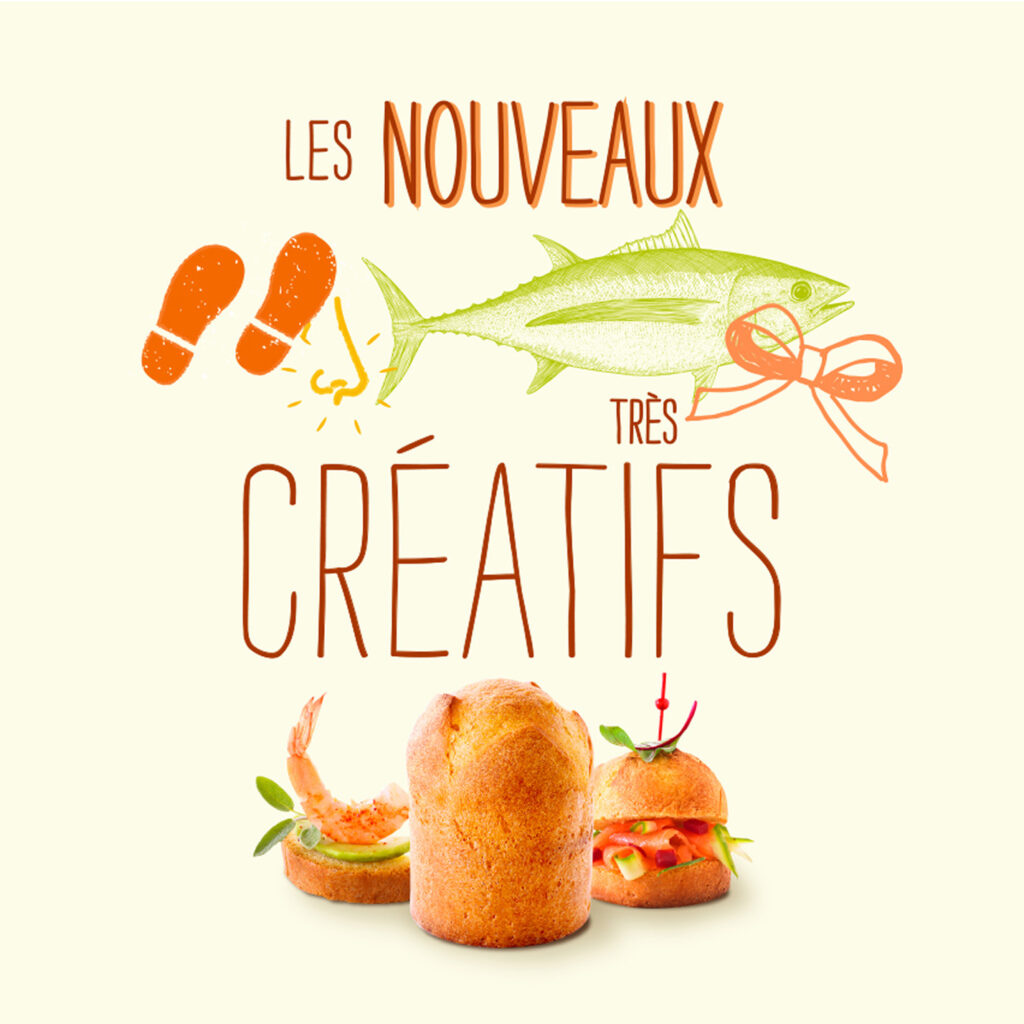 Le texte français "Les Nouveaux Très Créatifs" accompagné d'images ludiques - des empreintes de pas orange, un poisson vert tenant un ruban, une crevette, un sandwich et un muffin avec des feuilles - capture l'esprit d'une stratégie de community management innovante et originale.