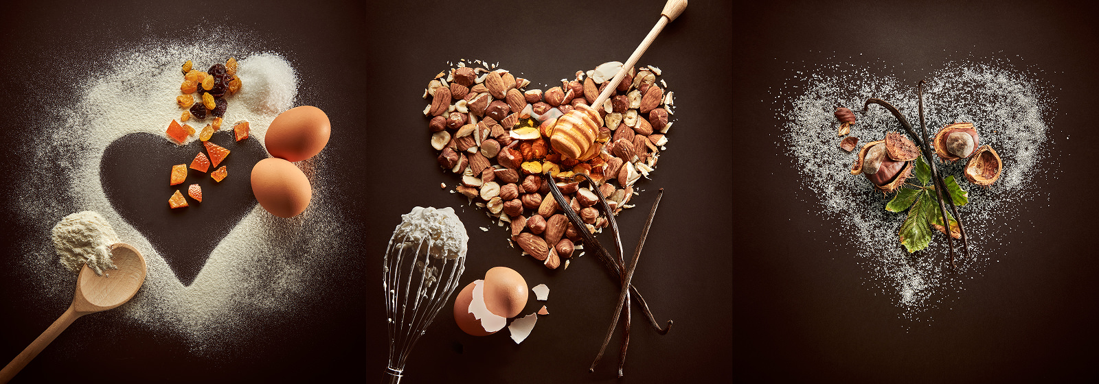 Trois cœurs réalisés à partir d'ingrédients de pâtisserie sur une surface sombre illustrent une stratégie de community management, mêlant la créativité : à gauche avec de la farine, des œufs et des fruits secs ; au centre avec des noix, des œufs, du miel et de la vanille ; à droite avec des figues, du chocolat et de la menthe.