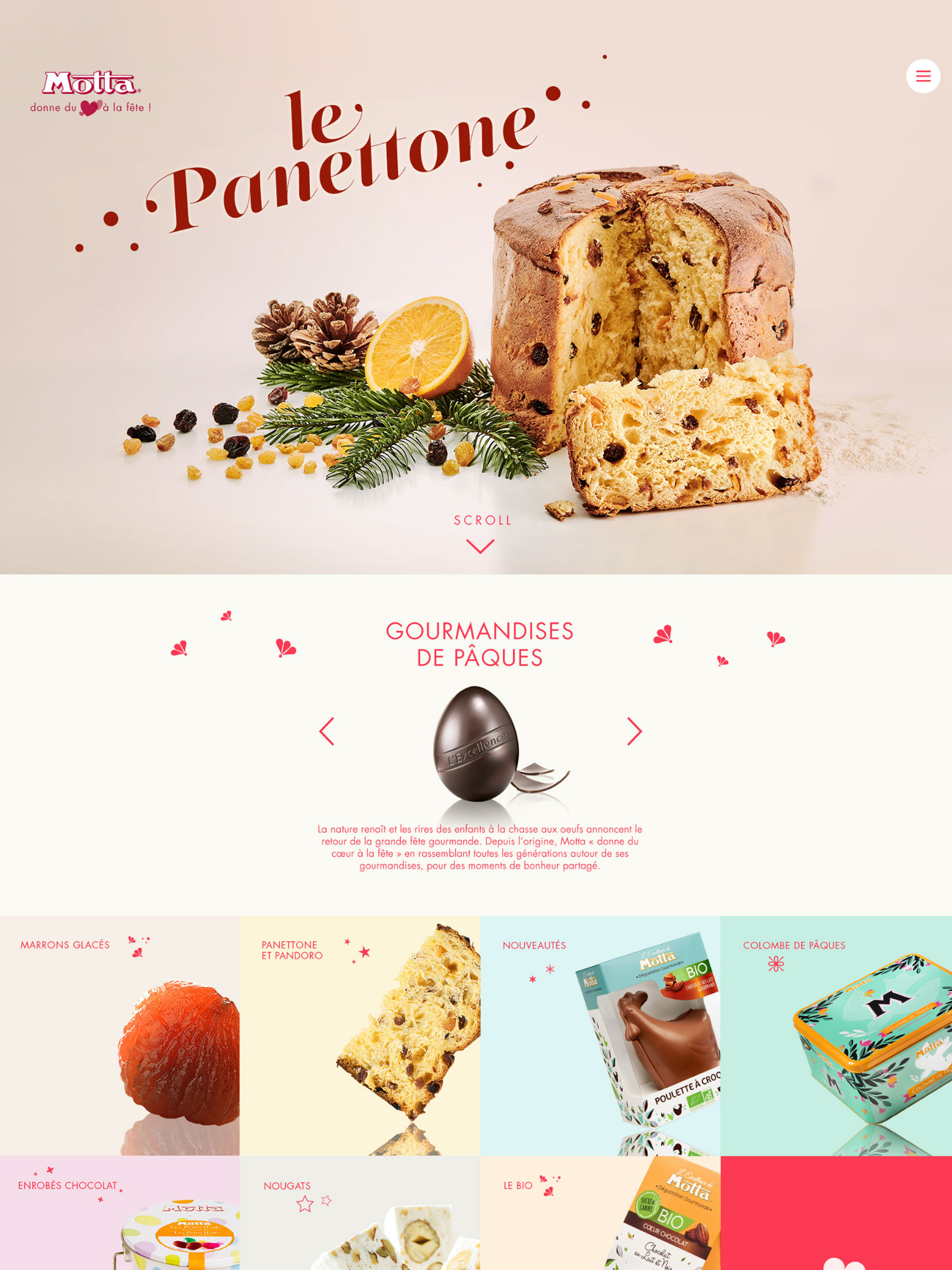 La page d'accueil du site web présente un grand panettone tranché avec des fruits, des noix et des décorations festives. Ci-dessous, découvrez des œufs en chocolat de Pâques et des desserts colorés dans une grille - une manière délicieuse de mettre en valeur votre stratégie de community management avec des visuels accrocheurs.