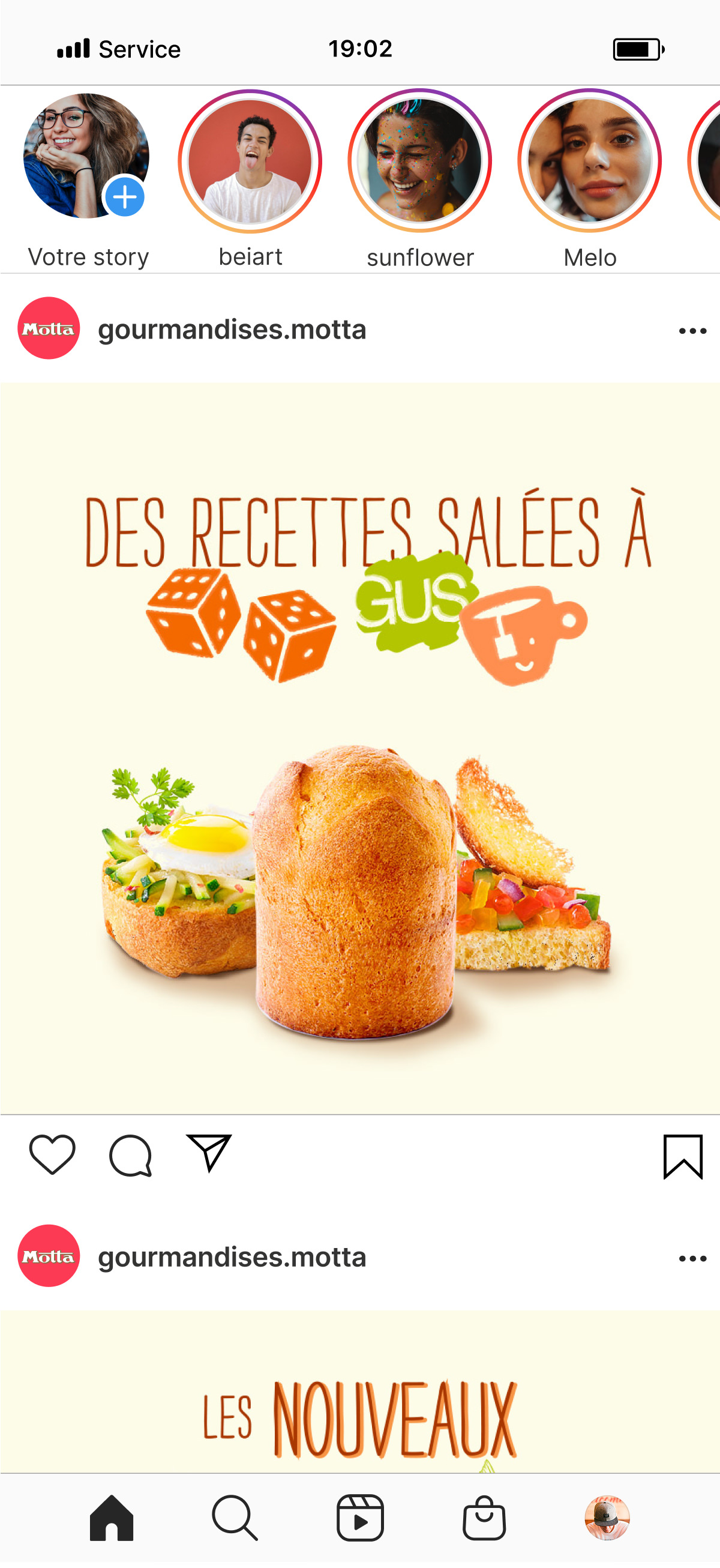 Post Instagram de gourmandises.motta présentant des délices salés comme un pain brioché aux herbes, un œuf et un sandwich. Dévoilement de "Des recettes salées à déguster" - un régal savoureux qui fait partie de notre stratégie de community management !.