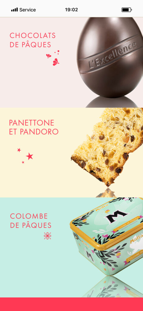 Une publicité numérique, inspirée d'une stratégie de community management, présente un œuf en chocolat de Pâques, une tranche de panettone aux raisins secs et une boîte de gâteau Colomba décorée, tous étiquetés en français sur des fonds colorés et des motifs festifs.