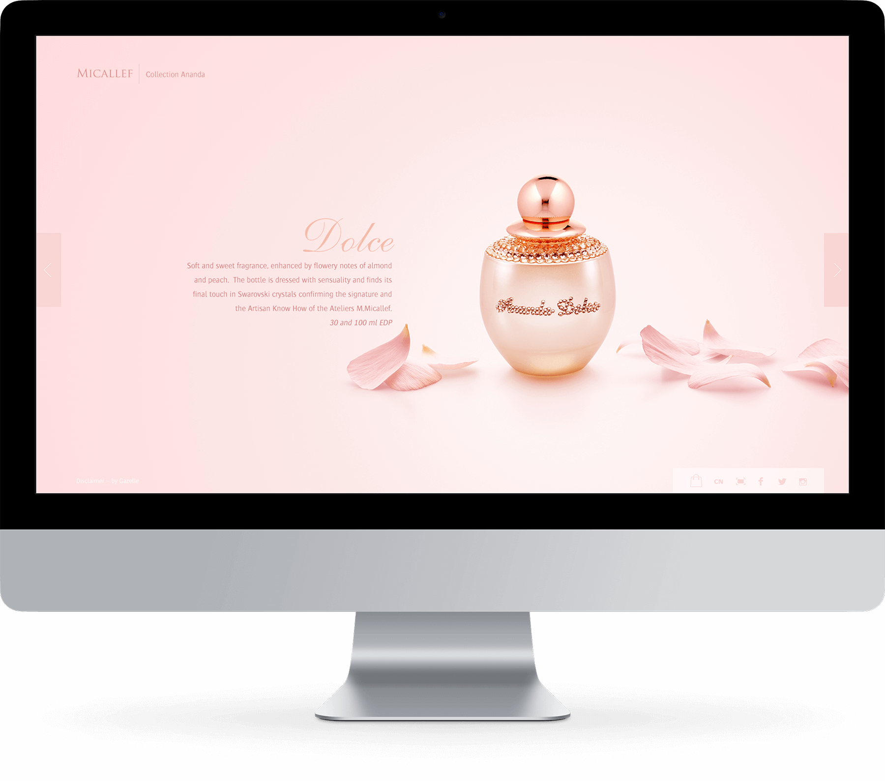 Un écran d'ordinateur affiche une publicité pour le parfum "Dolce" de M. Micallef, qui fait partie d'une création de catalogue. L'élégant flacon avec un bouchon en or rose est entouré de pétales roses sur un fond rose clair, avec un texte descriptif à côté.