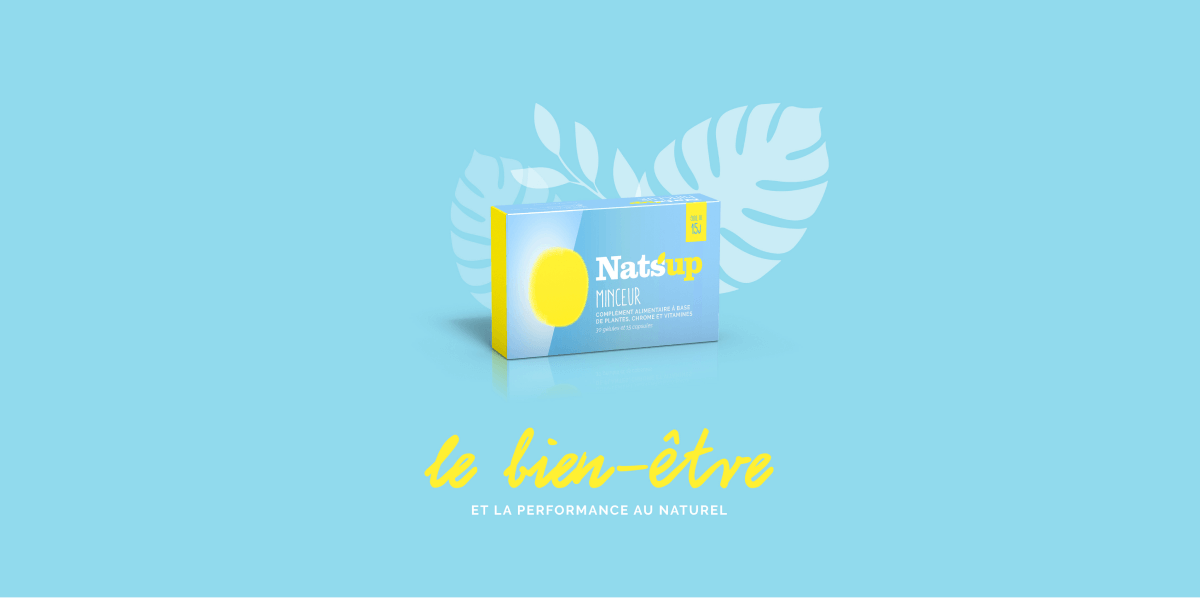 Une boîte bleue et jaune du supplément MYCOLR de Nats'up est centrée sur un fond bleu clair avec un graphique de feuille blanche, parfait pour la création de catalogue. En dessous, "le bien-être" est en jaune et "et la performance au naturel" en blanc.