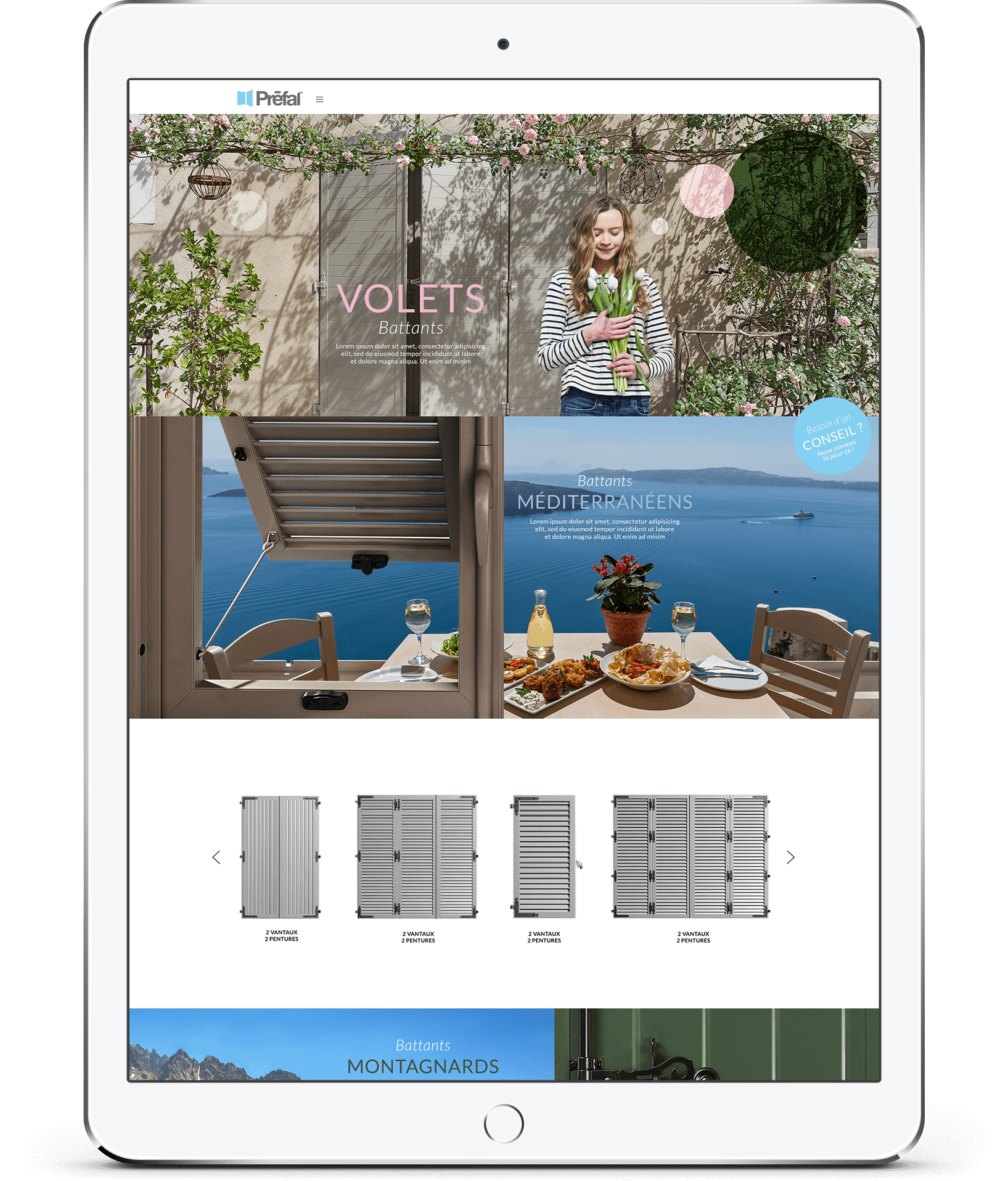 Une tablette affiche un site web moderne et visuellement attrayant présentant la création d'un catalogue de volets extérieurs, avec des images d'une femme près d'un mur floral, des scènes de repas en plein air et divers modèles de volets.