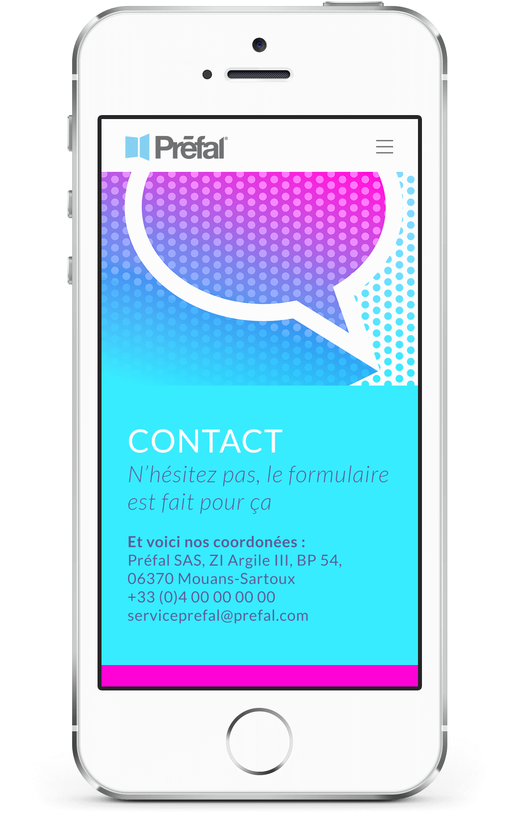 Un smartphone affiche la page de contact de Préfal avec un fond dégradé bleu et rose, une bulle de dialogue et les coordonnées françaises de Préfal SAS (adresse, téléphone, courriel), parfaites pour toute création de catalogue.