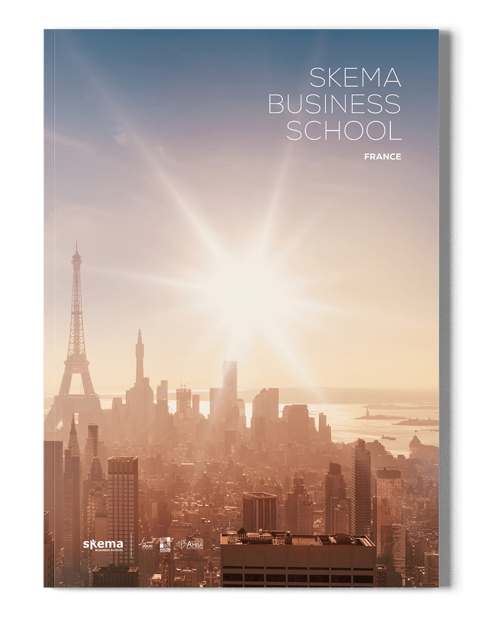 L'horizon d'une ville au lever du soleil avec la Tour Eiffel bien visible ; le texte indique "SKEMA Business School France" dans le coin supérieur droit. Parfaite pour une plaquette d'entreprise, cette image associe le Paris classique à l'énergie moderne du monde des affaires.