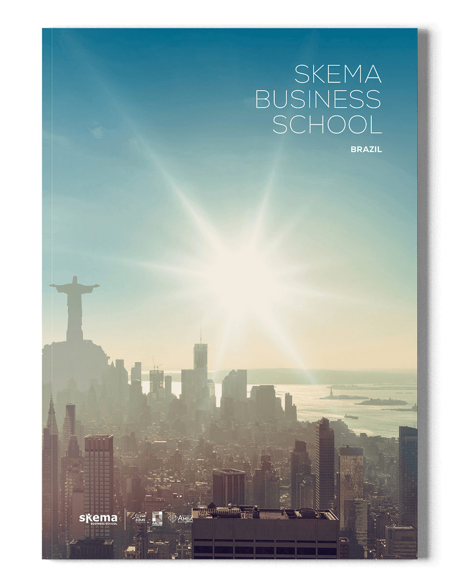 Couverture d'une plaquette d'entreprise représentant l'horizon de Rio de Janeiro avec la statue du Christ Rédempteur et le soleil brillant. Le texte indique "SKEMA Business School Brazil".