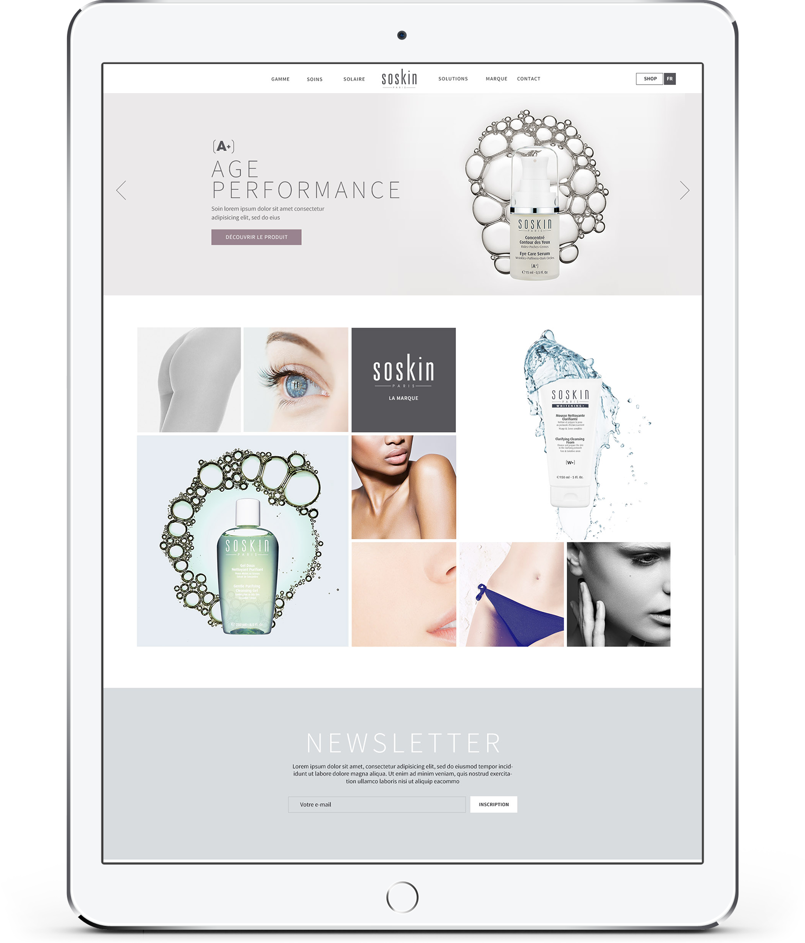 Une tablette affiche un site Web de soins de la peau présentant les produits Soskin Paris, des images de flacons et de tubes, des bulles de soins, des gros plans de visages et de corps, et une section d'inscription à la lettre d'information - parfait pour la création d'un catalogue d'inspiration.