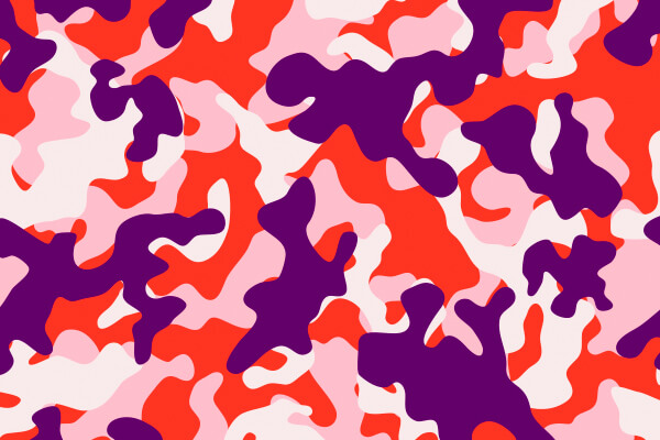 Motif abstrait de camouflage avec des formes irrégulières dans des tons de rouge, violet, rose et blanc, se chevauchant sur l'ensemble de l'image pour créer une identité visuelle audacieuse et vibrante et un design dynamique.