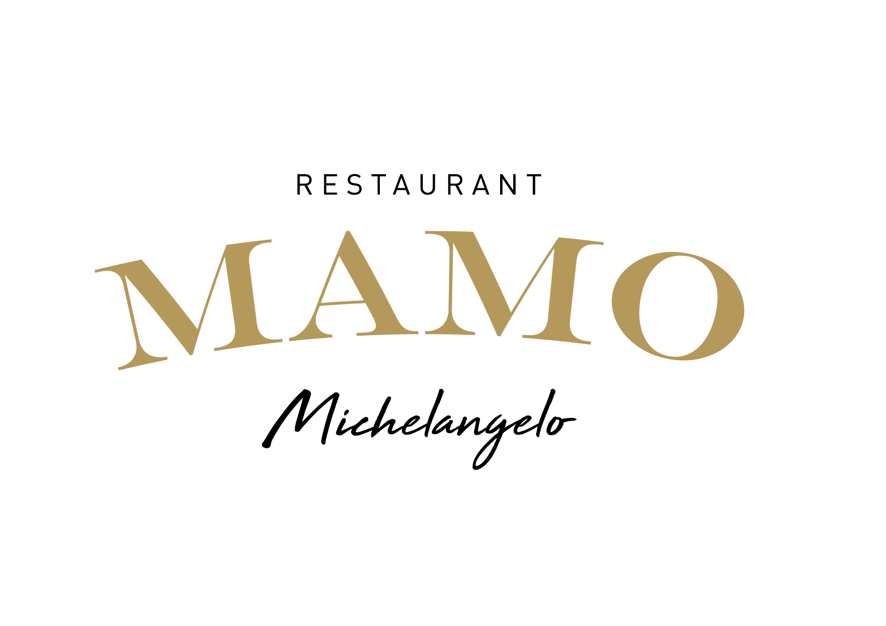 Logo pour le "Restaurant Mamo Michelangelo", réalisé par une agence web à Cannes. Il comporte "RESTAURANT" en petit texte noir, "MAMO" en grandes lettres dorées avec empattement, et "Michelangelo" en écriture cursive noire sur fond blanc.