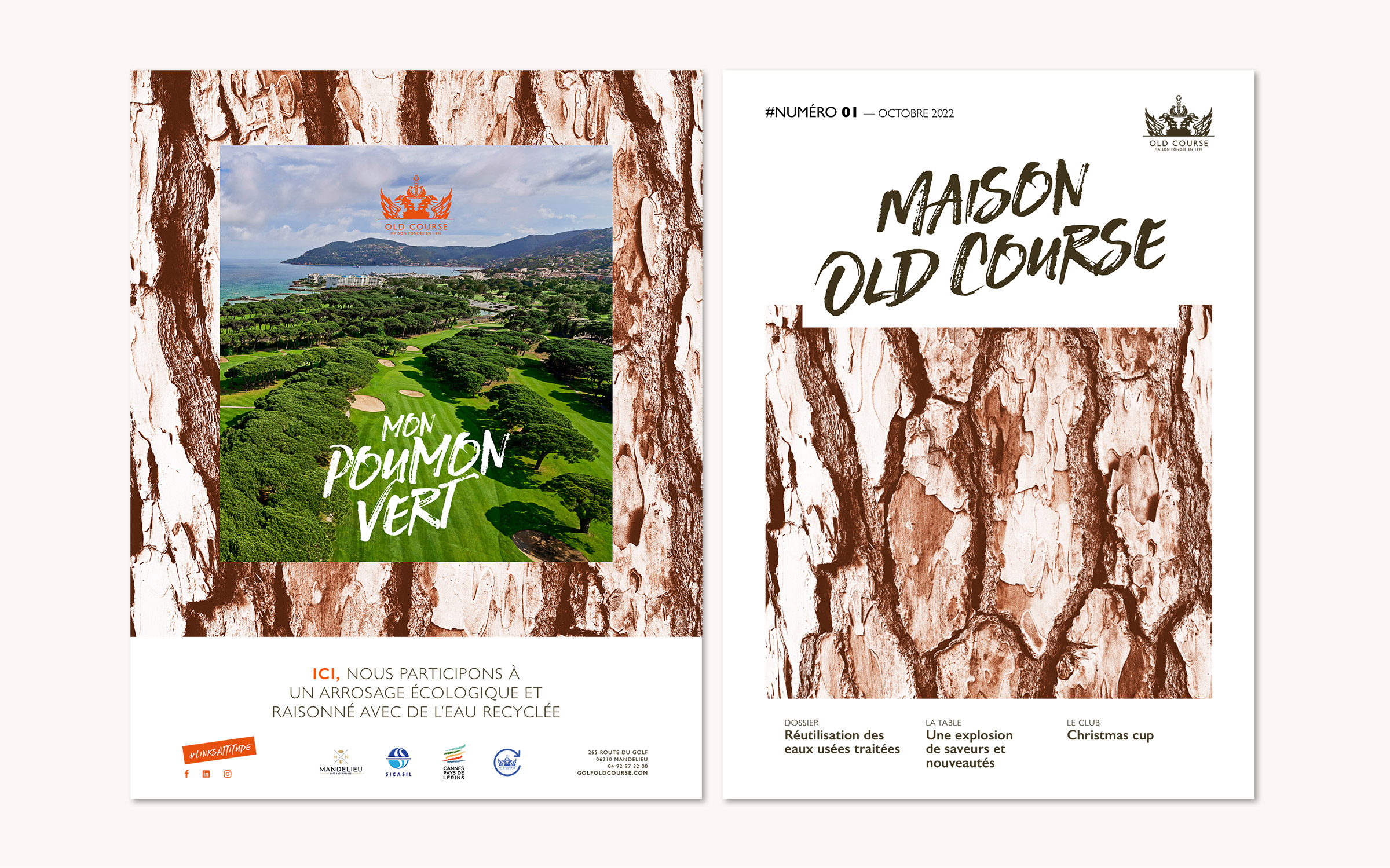Deux couvertures de magazine sur fond d'écorce d'arbre marron mettent en valeur une image de marque forte. La couverture de gauche présente une photo de terrain de golf vert intitulée "Mon Poumon Vert", tandis que la couverture de droite indique "Maison Old Course" en caractères gras dans la partie supérieure.