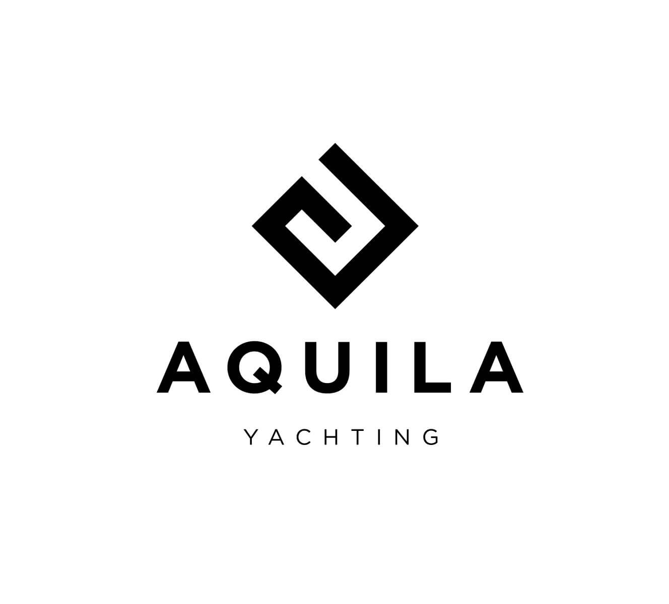 Logo et charte graphique géométrique noir comportant une lettre "A" stylisée au-dessus des mots "AQUILA YACHTING" en caractères gras et modernes sur fond blanc.