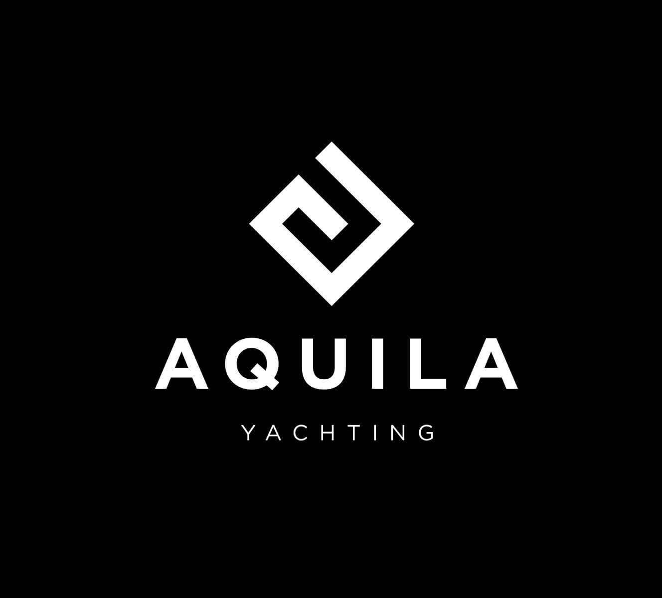 Logo et charte graphique pour Aquila Yachting sur fond noir. Un symbole blanc géométrique et anguleux se trouve au-dessus du mot en gras "AQUILA", avec "YACHTING" en lettres plus petites en dessous.