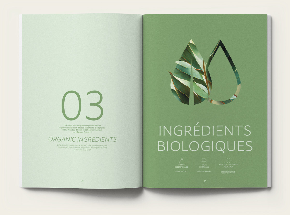 Un magazine ouvert présente une conception d'identité visuelle : "03" et "ORGANIC INGREDIENTS" en français et en anglais à gauche, tandis qu'une feuille stylisée, une goutte d'eau et des icônes mettent en évidence "INGRÉDIENTS BIOLOGIQUES" à droite.