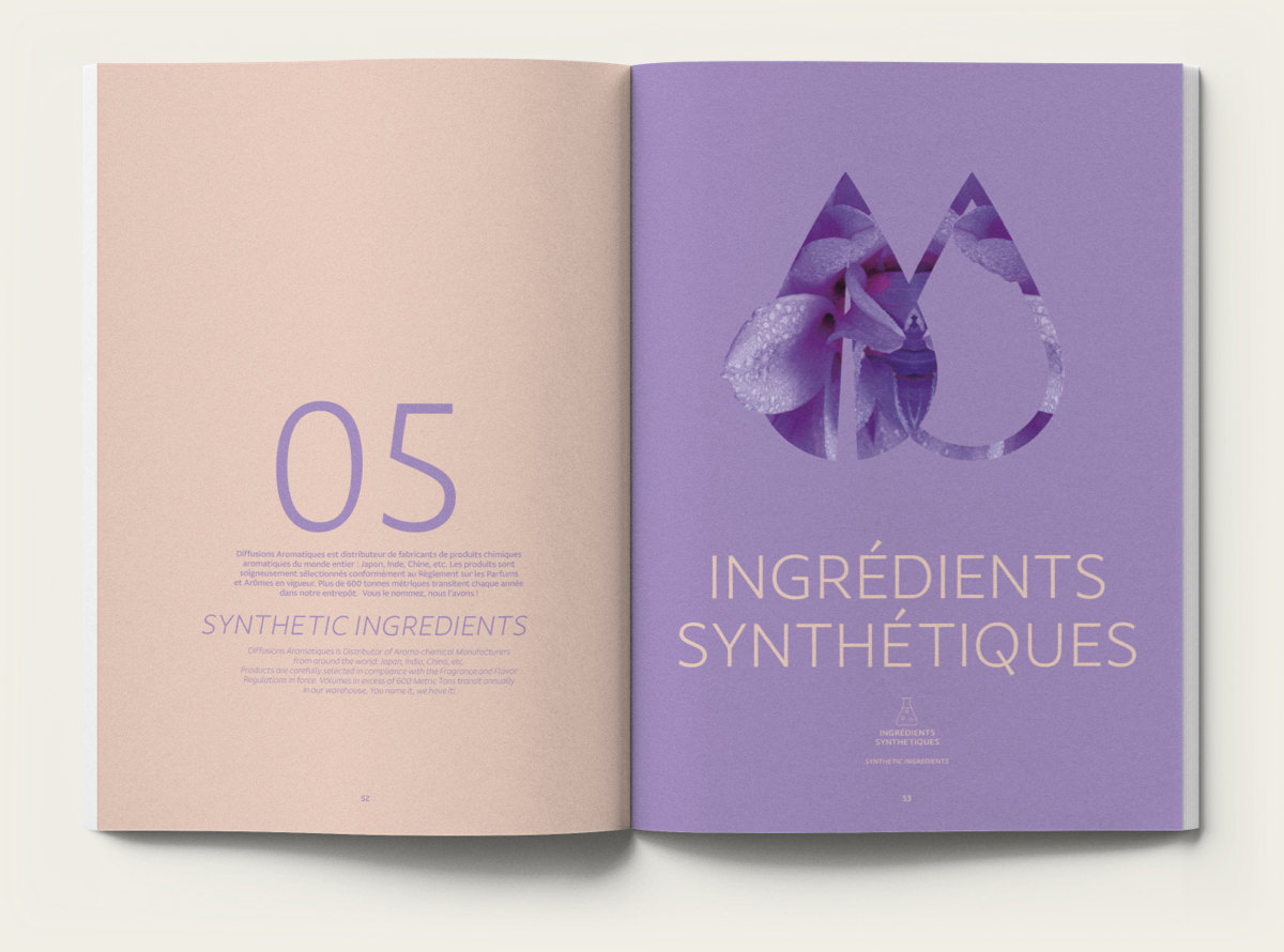 Un livre ouvert, reflétant une conception d'identité visuelle, présente une page de gauche rose pastel avec le chiffre 05 et un texte sur les ingrédients synthétiques, et une page de droite lavande avec une goutte d'eau découpée révélant des fleurs violettes.