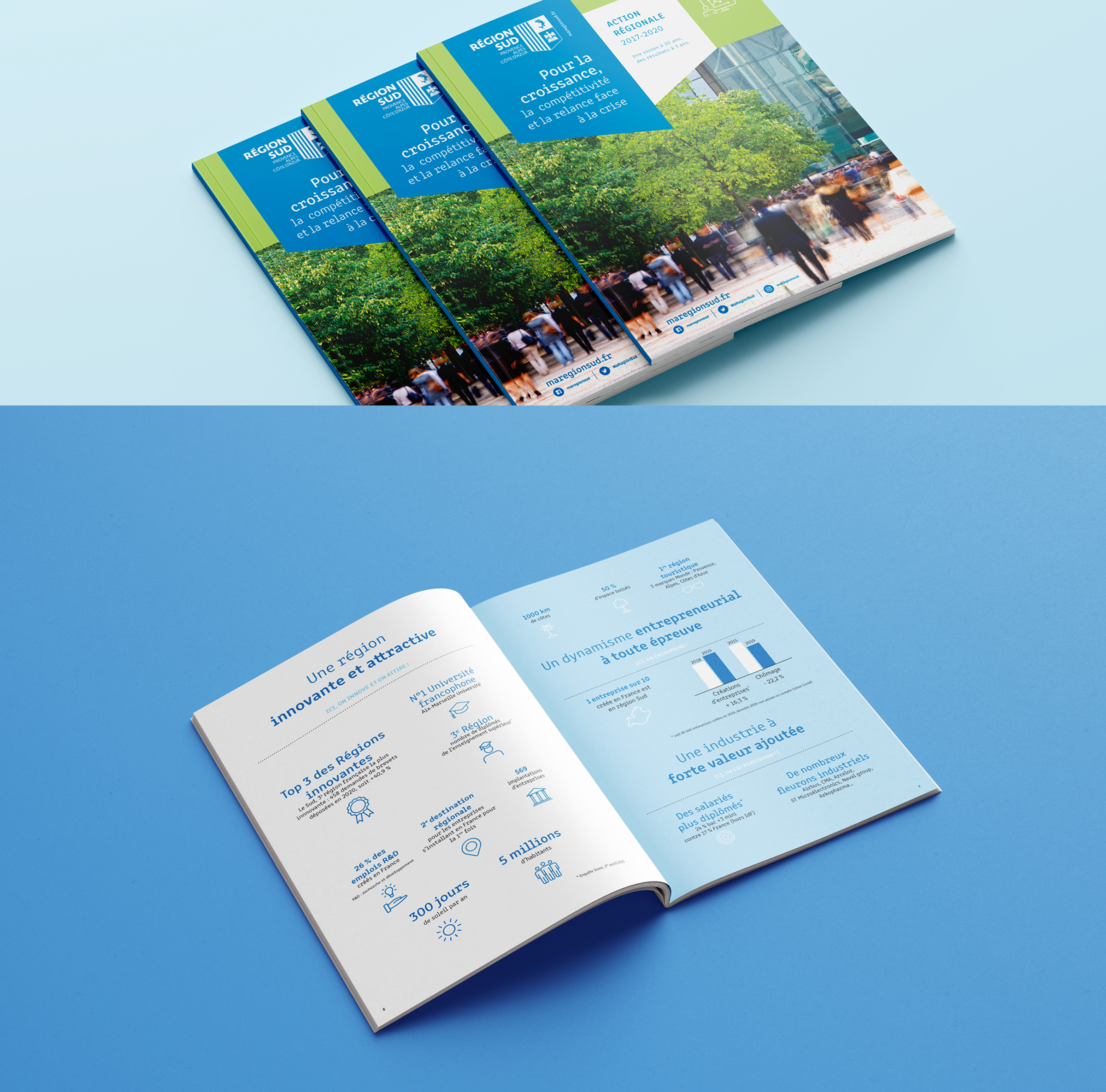 Trois livrets aux couvertures bleues et vertes empilés sur une surface claire, au-dessus d'un rapport d'activité ouvert présentant des infographies et du texte en français, le tout sur fond bleu.