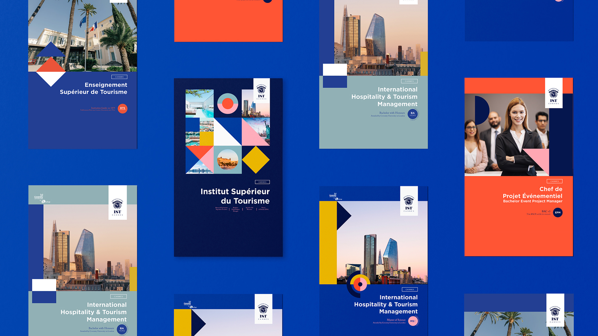 Une mise en page numérique présentant diverses brochures avec des dessins géométriques modernes et une forte identité graphique, des images de gratte-ciel et de palmiers, ainsi que des textes bilingues sur des programmes de tourisme, d'accueil et de gestion d'événements sur des fonds bleus.