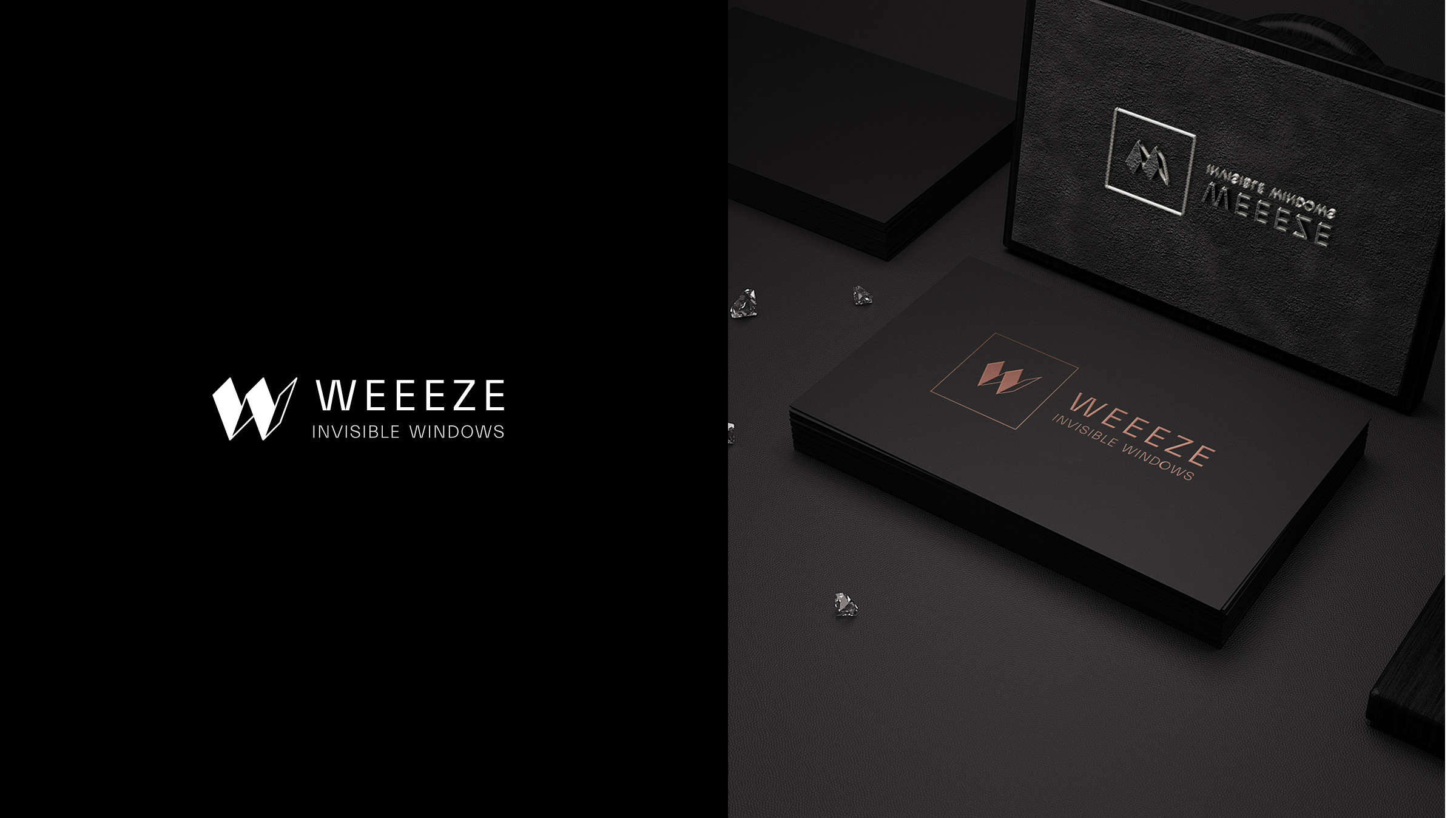 Image en deux parties : La partie gauche montre le logo WEEEZE avec le texte "INVISIBLE WINDOWS" sur un fond noir. Le côté droit présente des cartes de visite noires et un étui comportant le même logo et le même texte en lettres métalliques, conçu pour une Agence de communication BTP.