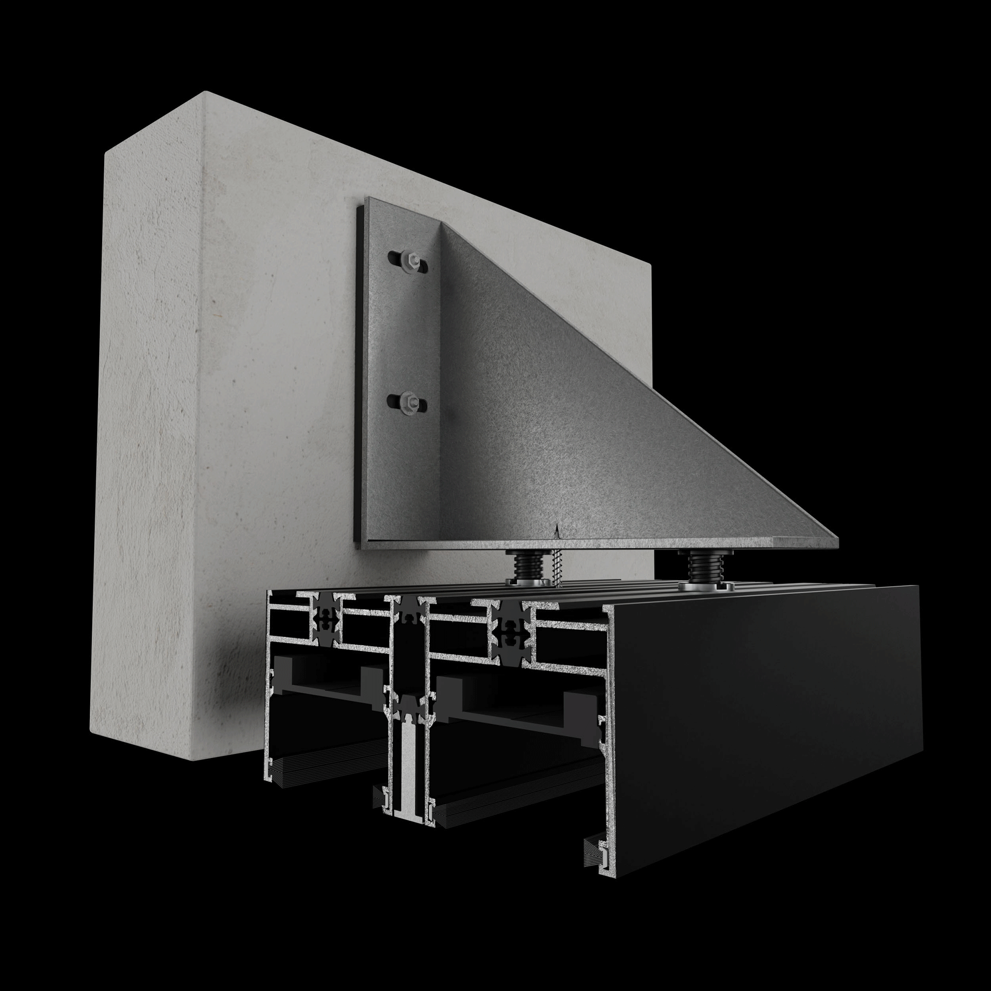 Rendu 3D d'un support structurel métallique monté sur un mur en béton, fixé à deux profilés creux en aluminium extrudé dont les sections transversales et les fixations sont visibles. Idéal pour une Agence de communication BTP. Le fond est noir.