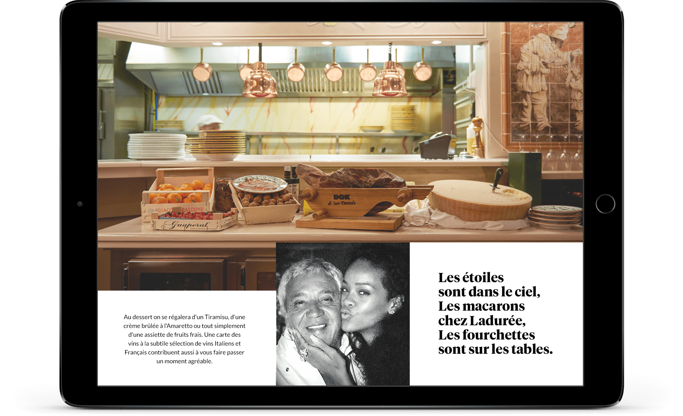 Un iPad affiche un écran divisé en deux parties : en haut, une cuisine de restaurant avec des casseroles en cuivre ; en bas, une photo en noir et blanc de deux personnes qui s'embrassent et un texte en français sur les macarons Ladurée, conçu par une agence web à Cannes.