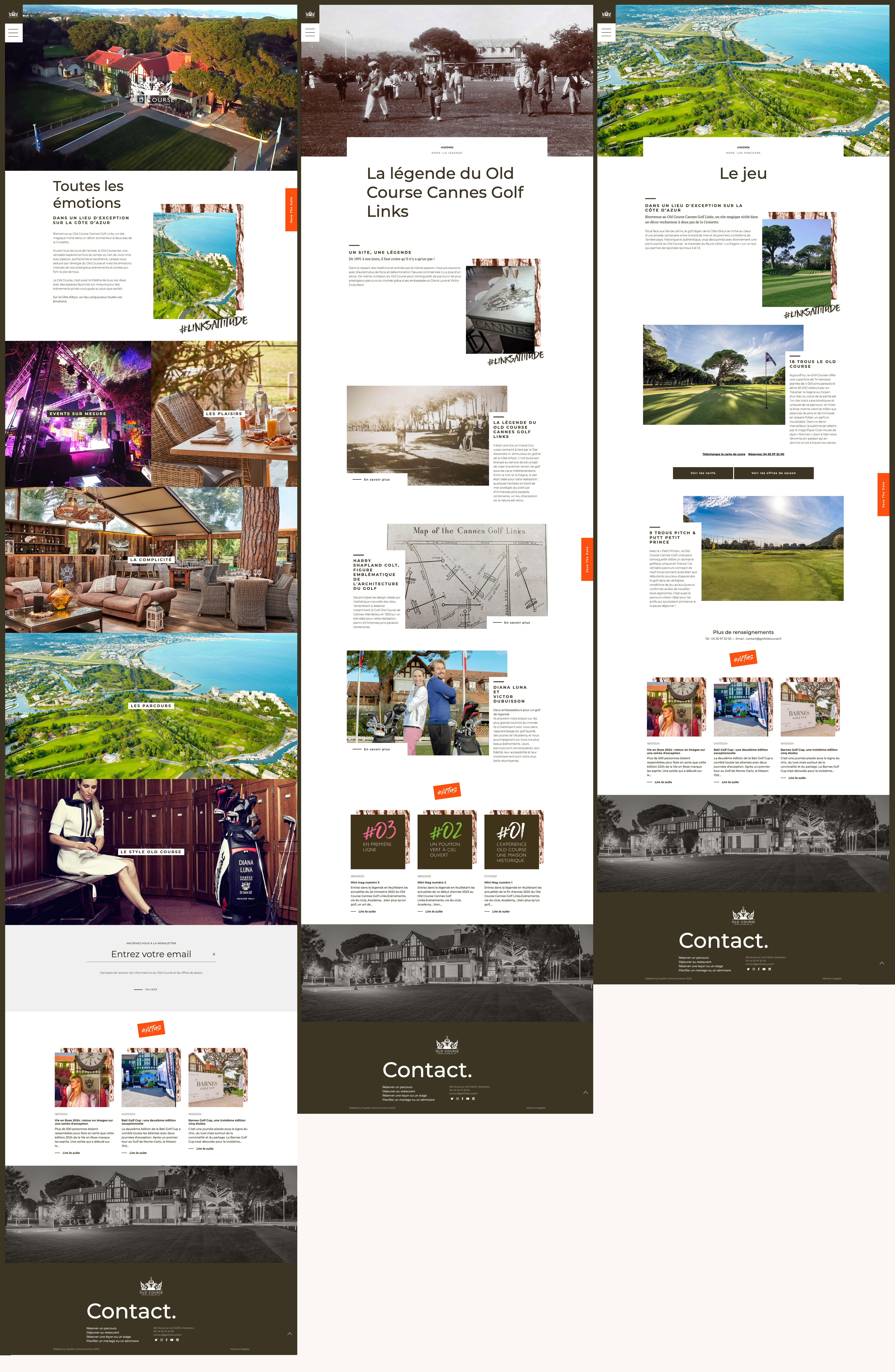 La mise en page d'un site web en français comporte des sections avec des images de terrains de golf, de bâtiments, de nourriture et de personnes, ce qui renforce l'image de marque. Des blocs de textes descriptifs, des galeries de photos et une section de contact créent un design élégant et visuellement attrayant.
