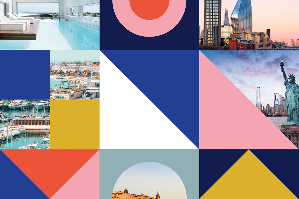 Un collage de motifs géométriques bleus, roses, rouges, jaunes et blancs, entrecoupés de photos de paysages urbains, d'un port de plaisance, de la statue de la Liberté, d'une piscine et de gratte-ciel modernes, qui témoigne d'une identité graphique audacieuse.