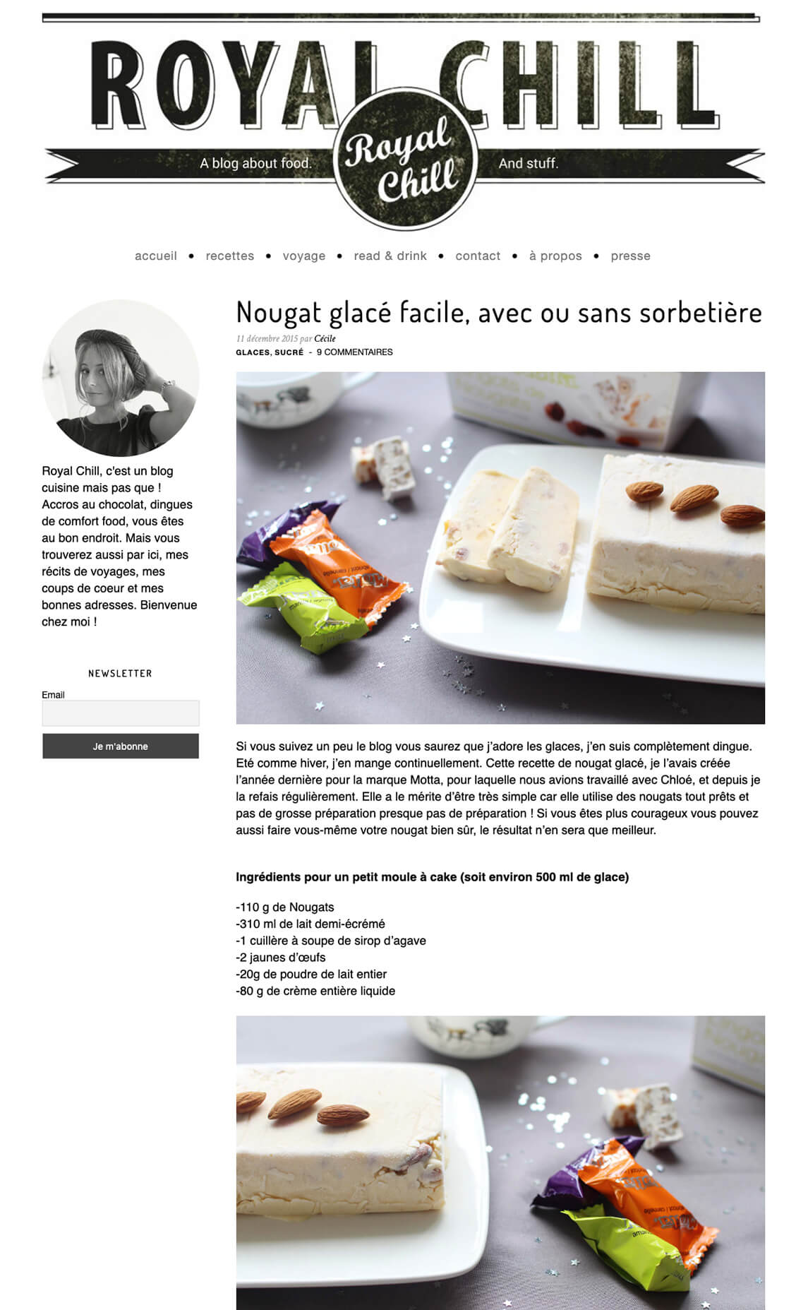 Capture d'écran d'un article de blog alimentaire présentant une recette de nougat glacé facile, avec des tranches de nougat garnies d'amandes à côté de deux barres chocolatées sur une assiette, ainsi qu'une barre latérale avec le profil de l'auteur et l'inscription à la lettre d'information - parfait pour une stratégie d'influence culinaire.