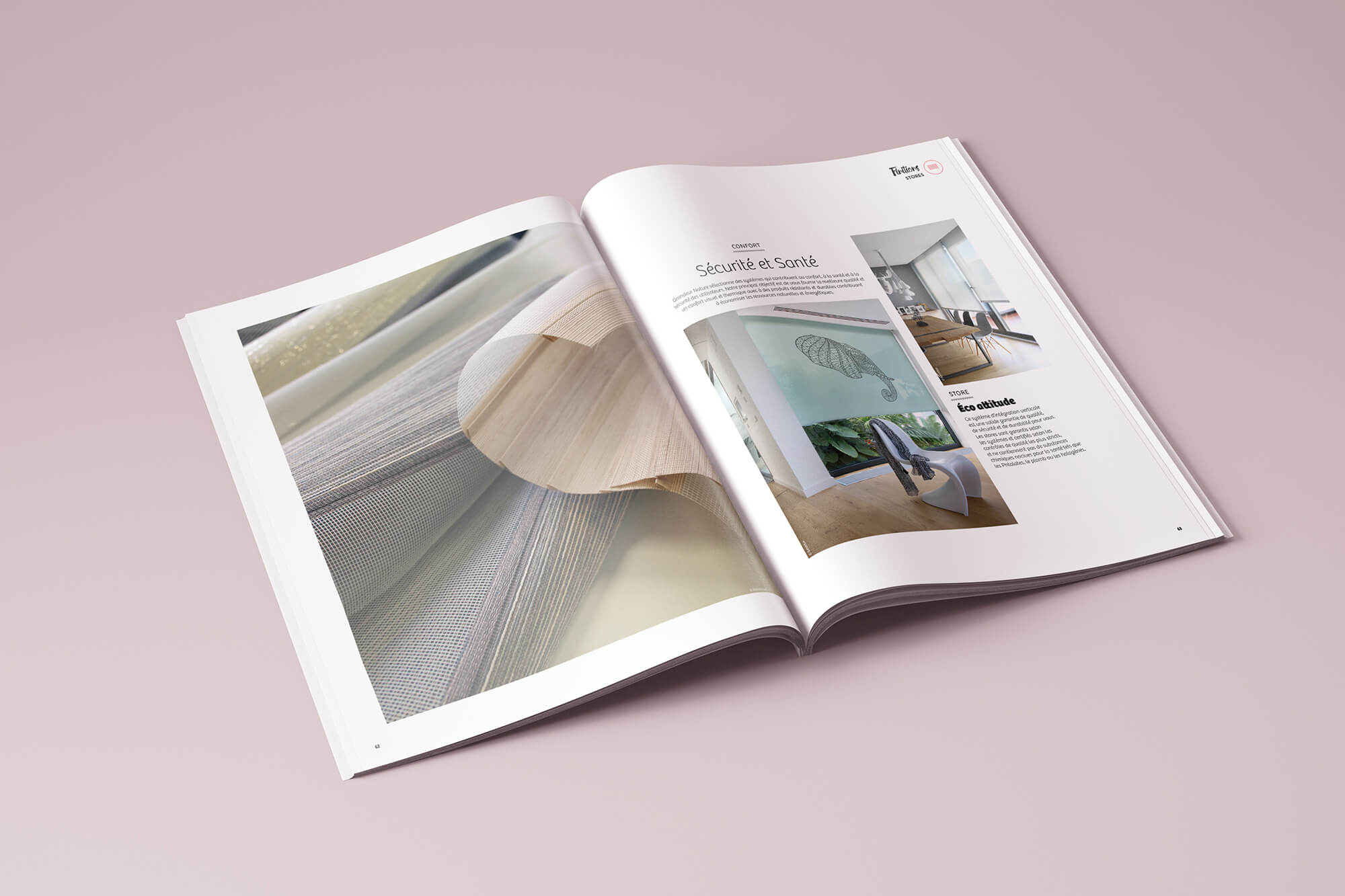 Une édition ouverte du magazine sur une surface rose présente de grandes images d'intérieurs modernes et de détails architecturaux, y compris des textures de bois clair et une pièce élégante et minimaliste avec des œuvres d'art murales et des meubles.