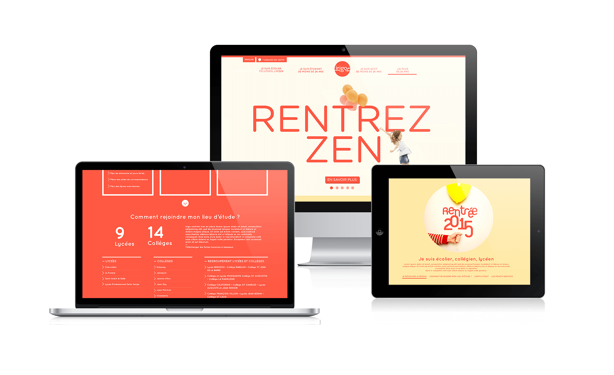 Trois appareils numériques (un ordinateur de bureau, un ordinateur portable et une tablette) affichent un site web éducatif français conçu par une agence de graphisme, avec une palette de couleurs rouge et orange et la phrase "Rentrez Zen" bien en vue sur les écrans.