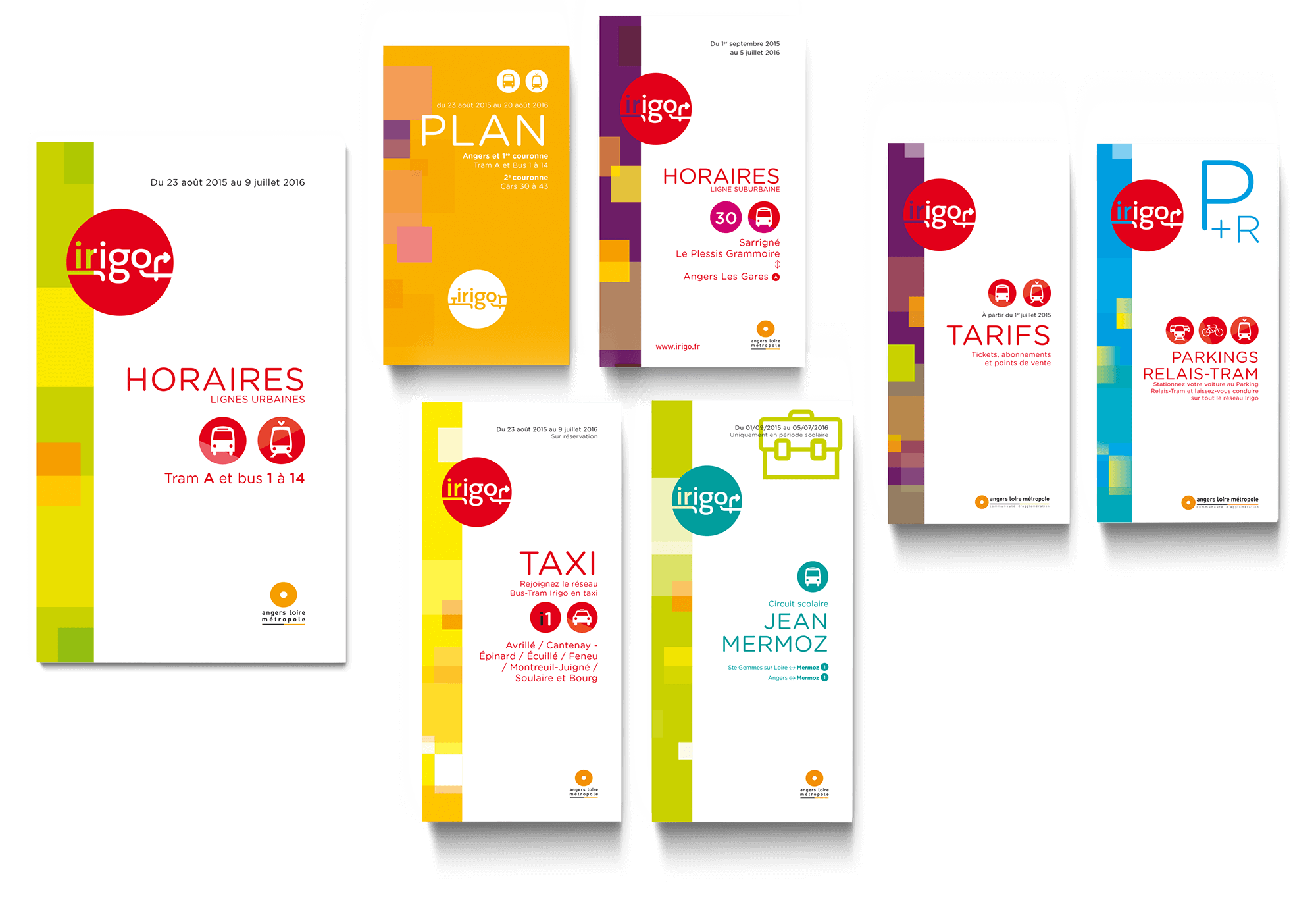 Un ensemble de sept brochures colorées pour les transports publics Irigo, conçues par une agence de graphisme, chacune étiquetée avec des sujets tels que les horaires, les cartes, les tarifs, le stationnement et les informations sur les taxis. Fond blanc avec des bordures géométriques et des icônes vibrantes.