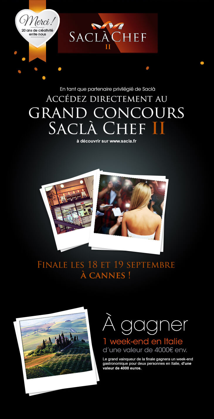 Affiche promotionnelle du concours Saclà Chef II présentant des photos d'Italie, des informations sur les possibilités de gagner un week-end en Italie d'une valeur de 4000 euros, et des informations sur l'événement final digital à Cannes les 18 et 19 septembre.