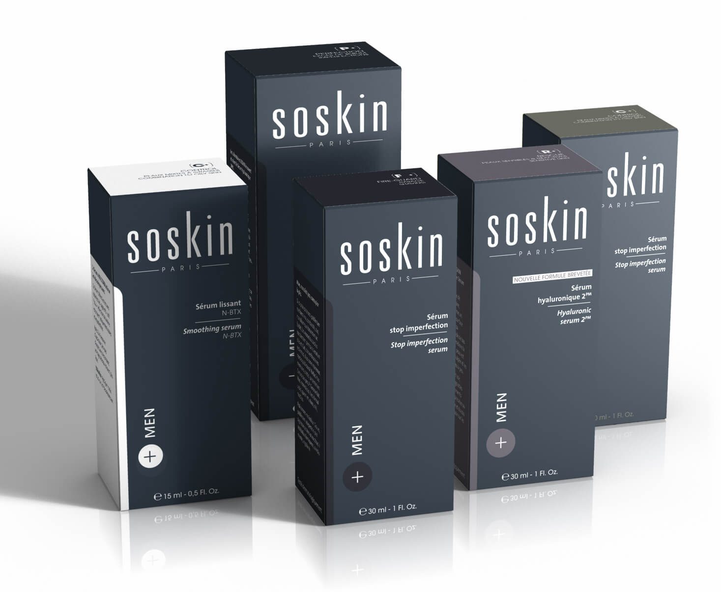 Cinq boîtes de sérums de soin pour hommes Soskin Paris sont présentées verticalement sur une surface blanche, mettant en valeur une conception élégante de l'emballage avec des tons bleu foncé et vert olive, complétés par un texte et une marque blancs et nets.