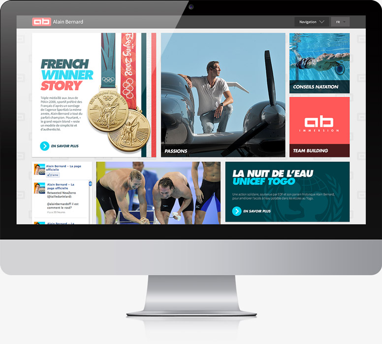 Un écran d'ordinateur affiche une création de site web pour le nageur olympique Alain Bernard, présentant ses exploits, ses médailles, des conseils de natation, des activités de team building, des événements caritatifs, ainsi que des images de lui nageant et assis au bord d'une piscine.