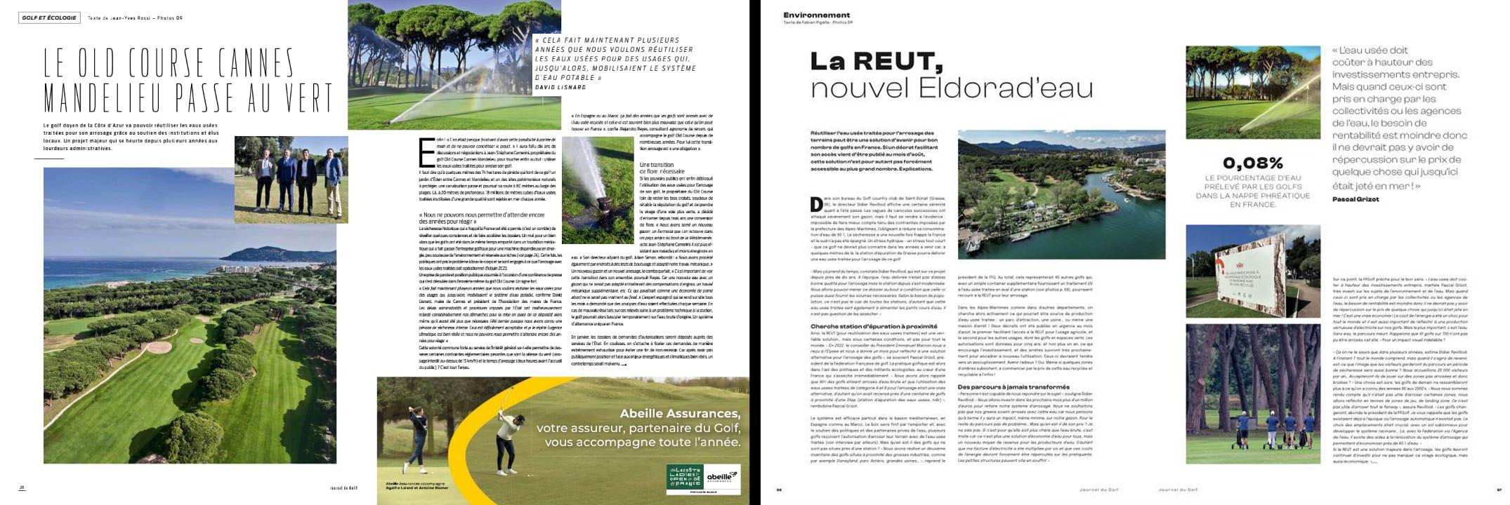 Un magazine en français présente des communiqués de presse sur un terrain de golf écologique et l'utilisation d'eau recyclée, avec des photos du terrain de golf, d'un réservoir, d'un panneau, de paysages pittoresques, ainsi qu'une mise en page de colonnes de texte et de légendes.