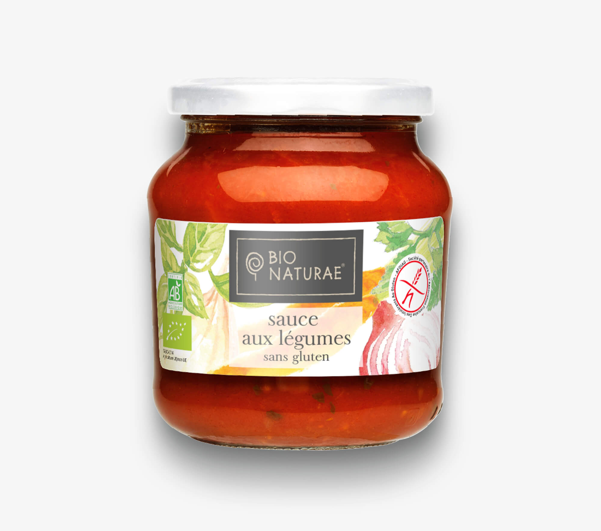 Un pot en verre de sauce aux légumes sans gluten Bio Naturae avec un couvercle blanc. L'élégante conception de l'emballage présente des images de légumes, le logo de la marque et un texte en français décrivant le produit.