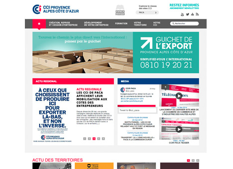 Capture d'écran de la page d'accueil du site web de la CCI Provence Alpes Côte d'Azur, avec des menus de navigation, des sections d'actualités, une grande bannière de guide de l'exportation, des encadrés informatifs et une image de labyrinthe avec une personne mettant en valeur les ressources sur l'exportation et le webmarketing.