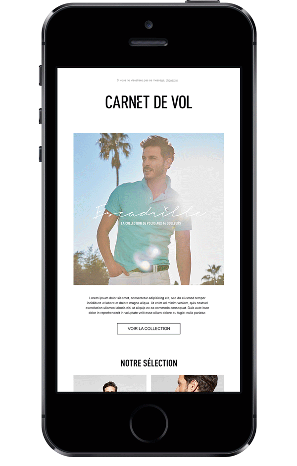 Un smartphone affiche un site web de mode sur lequel figure un homme vêtu d'un polo sarcelle, debout au bord de la mer, avec des palmiers en arrière-plan, et un bouton intitulé "VOIR LA COLLECTION" sous l'image.